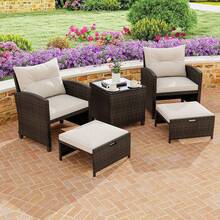 5 Pieces Patio Furniture Set With Ottoman, Wicker Conversation Set W/Cushions, Glass Coffee Table, Outdoor Rattan Lounger Chairs Bistro Set For Porch Balcony Garden Deck Poolside (Beige) - Beige - View 2