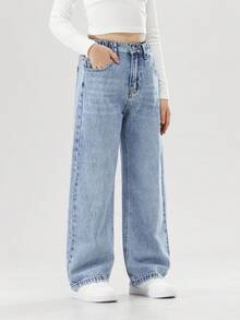 10-14 Year Old Girls' Fashionable Non Elastic Stir Fried Flower Wash Y2K Style Elastic Waist Loose Straight Leg Pants - 淺色水洗藍 - 查看 1