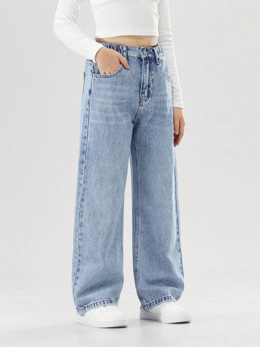 10-14 Year Old Girls' Fashionable Non Elastic Stir Fried Flower Wash Y2K Style Elastic Waist Loose Straight Leg Pants - 淺色水洗藍 - 查看 1