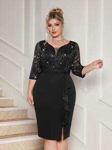 Plus Deep V-Neck Sequin Floral Lace Contrast Ruffle Trim Split Hem Evening Party Bodycon Dress, Semi Formal Wedding Guest Dress, For Birthday, Graduation, Dinner, Homecoming - 黑色 - 查看 3