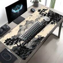 Black And White Mountain Art Gaming Mouse Pad Japanese Ink Painting Mousepads Extended Large Desk Mat With Stitched Edge Non-Slip Rubber Base Desk Accessories For Home Office Decor Desk Pad 35.4x15.7 Inch Perfect Gift For Men Women