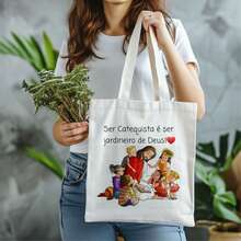 BOLSA SACOLA ECOBAG JESUS,CATEQUISTA,casual, pratica e facil ,bolsa feminina - Branco - Visão 3