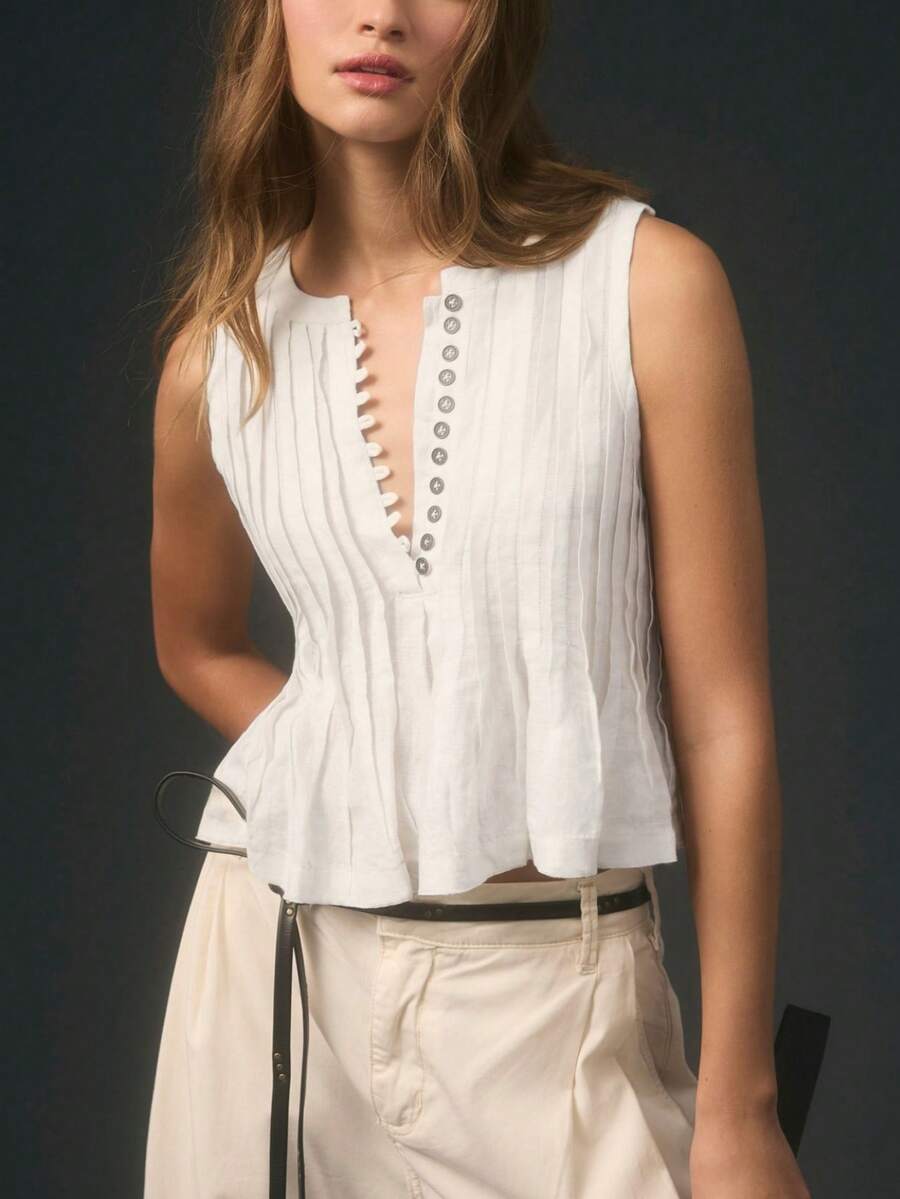 Women Peplum Tank Top Y2k Sleeveless Pleated Ruffle Crew Neck Crop Blouse Babydoll Cotton Linen Going Out Shirt - 白色 - 查看 1