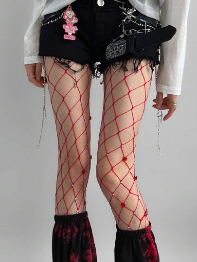 1 peça meia-calça arrastão grande de malha brilhante com strass em formato de coração para mulheres