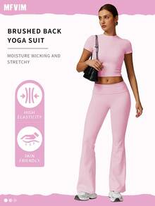 MFVIM 粉色女式两件套夏季运动套装 - 高腰微喇叭紧身裤和合身跑步 T 恤 - 百搭户外休闲瑜伽运动服