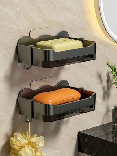 13.3Cm*8.3cm graue Seifenschale mit Ablaufgestell, Kunststoff Seifenteller ohne Bohren, geeignet für Badezimmer, Toilette und Küche, wandmontierte Seife Aufbewahrungsbox mit Tablett, passend für Wohnheim und Heimdekoration, verschleißfest