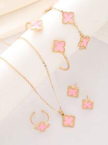 6 Pcs Four Leaf Clover Earring Necklace Bracelet Bangle Ring Jewelry Set For Women