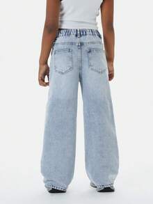 10-14 Year Old Girl With Fashionable Stir Fried Flowers, Washing Water, Heart Breaking Hole, Diamond Inlaid Pearl, Loose Straight Leg Denim Pants - 淺色水洗藍 - 查看 3