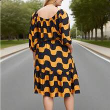 Plus Size Off-Shoulder Cinched Waist 3/4 Sleeve Floral Print Dress - Yellow - View 4