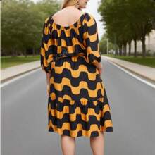Plus Size Off-Shoulder Cinched Waist 3/4 Sleeve Floral Print Dress