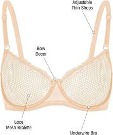 Women's Sexy 1/2 Cup Lace Bra Balconette Mesh Underwired Demi Shelf Bra Unlined See Through Bralettehalloween - 米色 - 查看 11