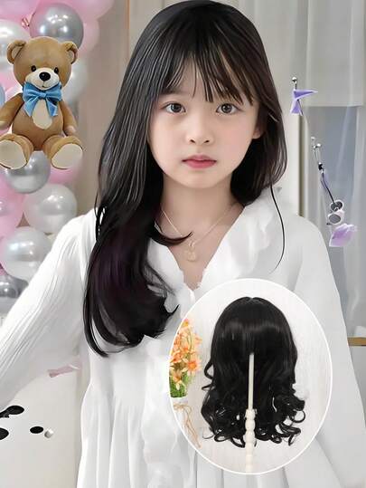 Children's Short Black Wig, Girls' Fashionable Cute Air Bangs, Natural Short Style, Short Wavy Wig, Full Headband Synthetic Heat-Resistant Wig