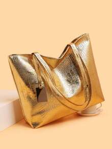 Women's Fashion Crocodile Embossed Tote Bag, Large Capacity, Stylish & Durable, Suitable For Daily Use - Gold - View 6