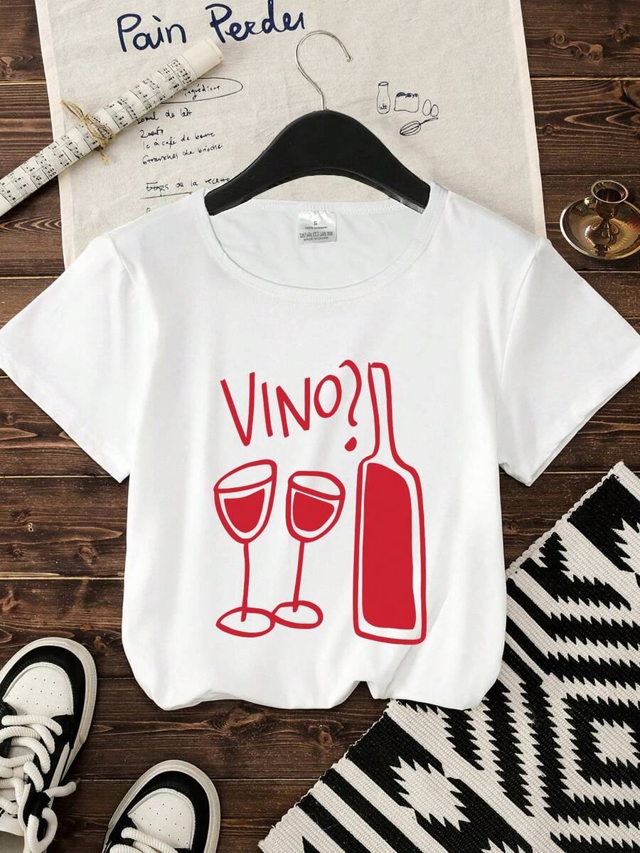Women's Casual Everyday Wine Glass Graphic Print Crew Neck Short Sleeve T-Shirt Women's Summer Top Graphic T-Shirt - White - View 1