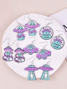 1 Pair Spaceship & Alien Cat Earrings, Party Jewelry Decoration For Women - Multicolor - View 1