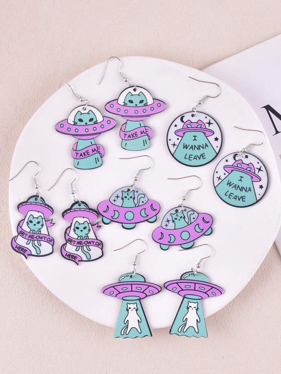1 Pair Spaceship & Alien Cat Earrings, Party Jewelry Decoration For Women - Multicolor - View 1