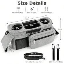 Universal Stroller Organizer With Insulated Cup Holder Detachable Phone Bag And Shoulder Strap, Stroller Bag Caddy Organizer Accessories Fits For , Baby Jogger, Britax Strollers - Grey - View 9