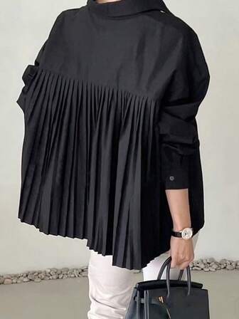 Plus Size Women Black Pleated Casual Polo Collar Shirt