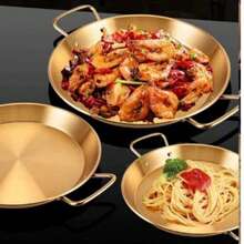 3 piezas de platos de acero inoxidable para mariscos, plato de doble oreja con mango Thick, sartén para paella española, wok de fondo plano, pollo frito coreano y plato para papas fritas, platos para pasta, lobster, adecuado para vacaciones, fiestas, uso doméstico y de restaurante. Debido al proceso de fabricación, puede haber pequeños rasguños y algunas marcas de soldadura en la parte inferior, pero no afectan el uso.
