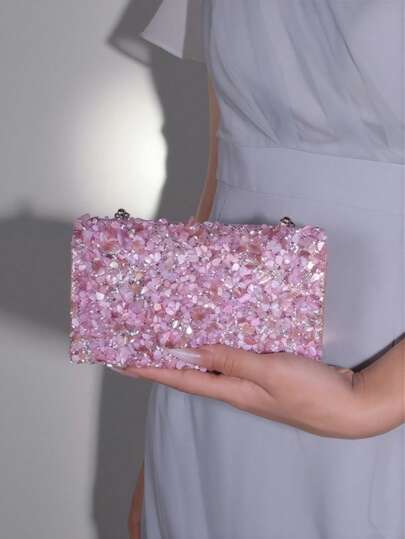 1 قطعة حقيبة يد مزينة بالأصداف والأحجار الملونة مع غطاء، حقيبة موضة للسيدات للاستخدام اليومي والمسائي