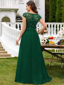 MIUSOL V领亮片蕾丝短袖雪纺荷叶边长款连衣裙，优雅女士派对礼服，正式晚礼服，舞会礼服，适合婚礼宾客、毕业典礼、盛大晚宴等场合，也适合情人节春季穿着。 - 墨綠色 - 查看 3