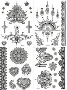 4 Sheets Black Henna Tattoo For Hand Waterproof Lace Flower Henna Temporary Tattoos For Women Wedding Body Art Stickers Travel Festival Party Makeup Decoration - Black - View 4