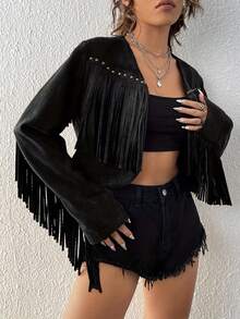 elfnokto Women's Fashion Solid Color Fringe Studded Front Open Short Jacket - Black - View 4