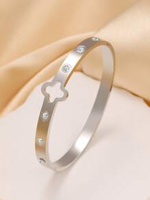 Pulsera de acero inoxidable con trébol de cuatro hojas de circonita en estilo retro personalizado, joyería de uso diario para mujeres