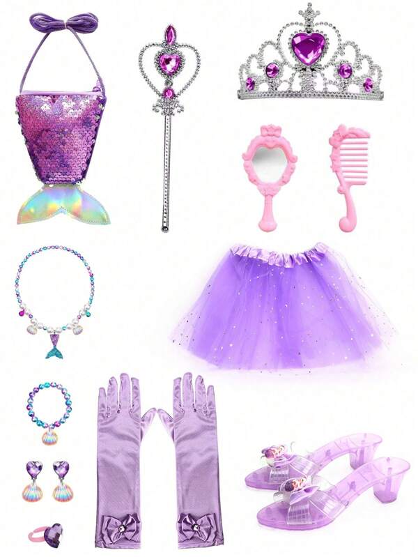 Mermaid Princess Girl Dresses Up 1 Pair Of Gloves, 1 Crown, 1 Necklace, 1 Ring, 1 Pair Of Earrings, 1 Bracelet, 1 Bag, 1 Cane, 1 Comb, 1 Small Mirror, 1 Pair Of Shoes, 1 Skirt, Mermaid Princess Skirt And Crown Necklace Cane Set, Children Princess Role-Playing Dress Set, Carnival Party Costume Ball Bridesmaid Clothing Accessories Gift.