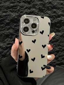 1 pieza Funda de teléfono con patrón de corazón negro simple y elegante con rhinestones, película de lente espejo brillante, cubierta protectora a prueba de golpes de TPU compatible con Apple 16 Pro Max/15/14 Plus/13/12/11 Pro