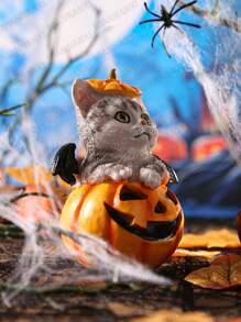 1 pièce Figurine de chat d'Halloween mignonne, statue de chaton de citrouille en résine Calico, décoration d'intérieur de style bohème, décoration de chambre, décoration intérieure, ambiance décorative pour les fêtes, Halloween, décoration de maison