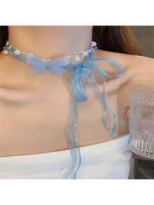 1 件优雅网状花朵和人造珍珠设计法式新娘项链，适合锁骨情人节