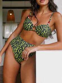 2pcs Striped Print Sexy Backless High Waist Bikini Set, Suitable For Beach, Vacation, Summer - Yellow - View 2