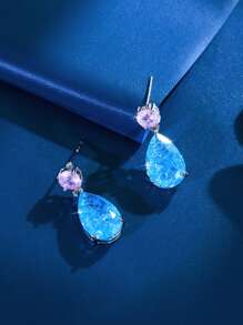 1 Pair Icy Cracked Blue Pink Cubic Zirconia Silver Plated Water Drop Shape Dangle Earrings, Women Cute Costume Jewelry Accessories For Wedding, Party, Prom, Brides, Bridesmaids, Female, Ladies Gift