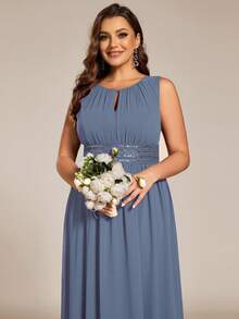 加大优雅无袖圆领亮片高腰派对礼服婚礼伴娘礼服 - 霧霾藍 - 查看 5