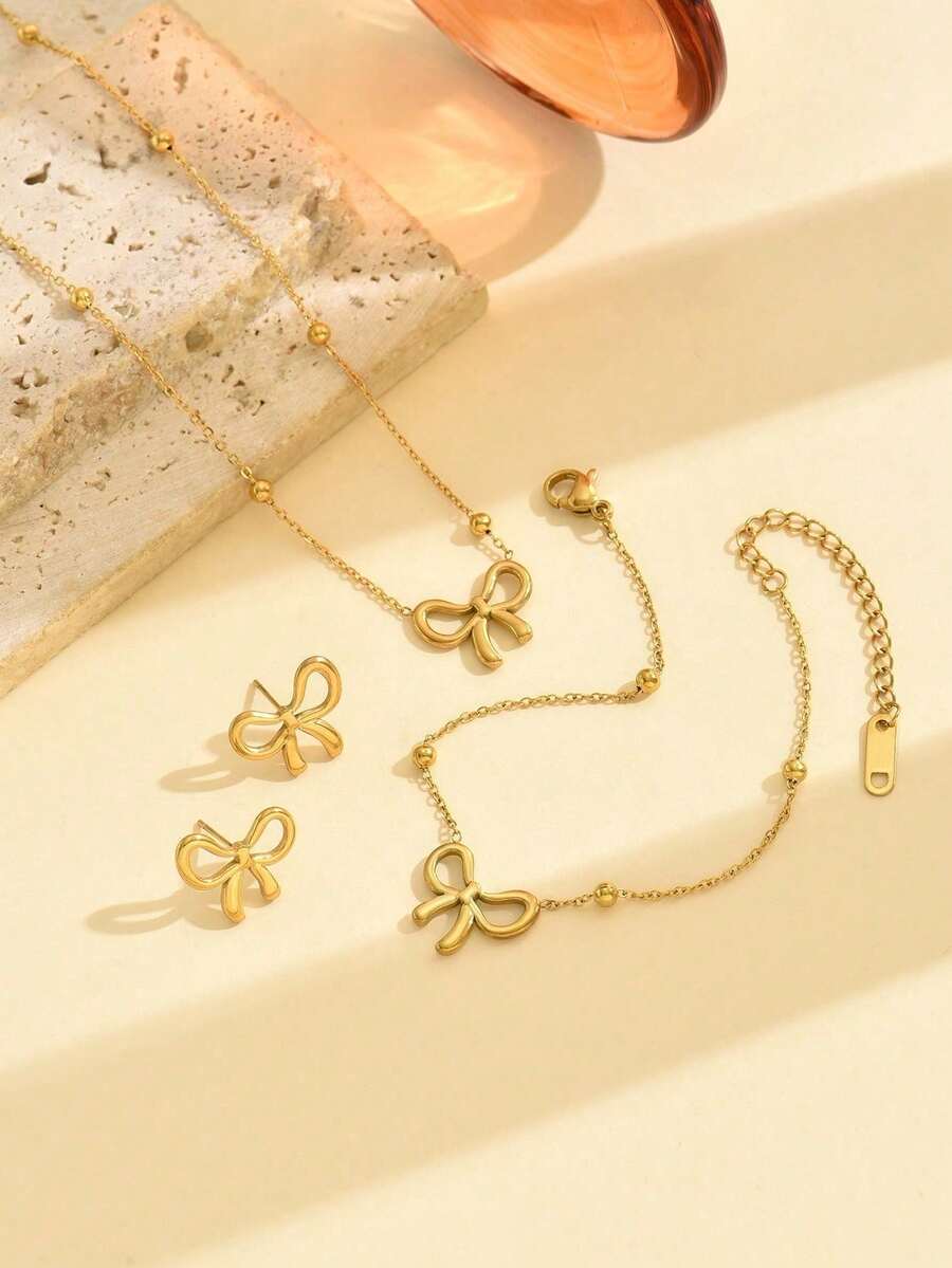 4 件套镂空蝴蝶串珠链项链、手链和耳环不锈钢首饰套装，适合送给朋友和女朋友的礼物 - 蝴蝶結項鍊+手鍊+耳環 - 查看 1