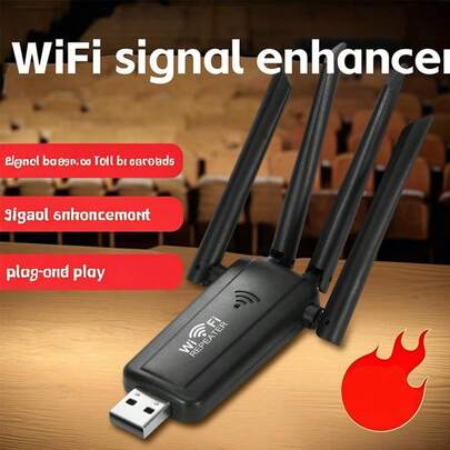 Wireless WiFi Signal Booster | 300Mbps High Speed 2.4GHz USB Repeater | Plug And Play, Quick Setup | Portable Indoor Hotspot Expander For The Office | Enhanced Range And Speed | Stylish Black And White Design With Quad Antenna | US Plug