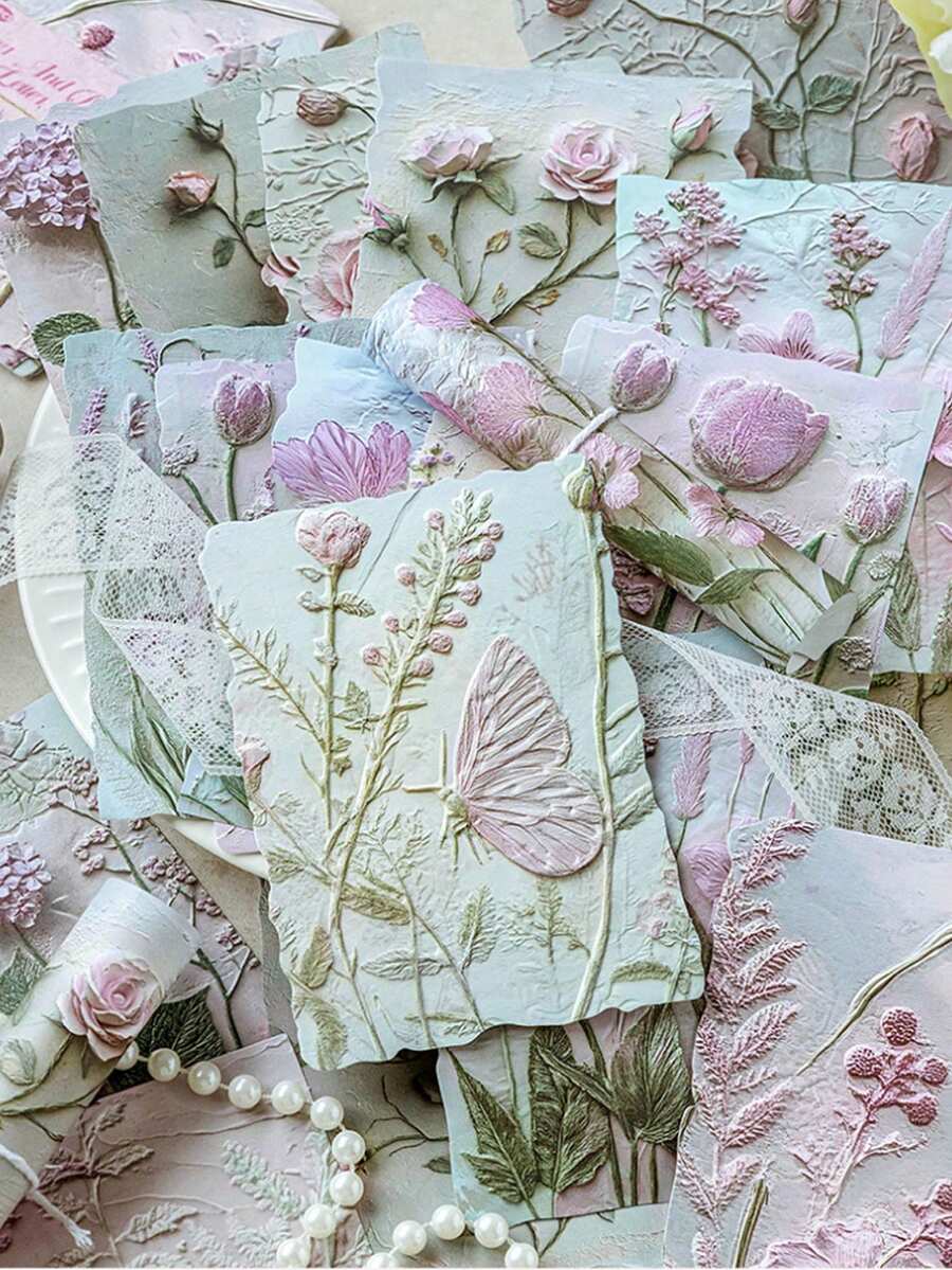 1 Pack Of 23pcs Paper Flowers & Love Letters Scrapbooking Materials, Embossed Floral Designs, Mixed Vintage Botanical Decor Papers For Back To School - Multicolor - View 1