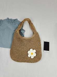 Yogodlns Bolso de hombro de paja de moda para mujer, bolso tejido femenino de gran capacidad, bolso de playa de paja de verano, bolso casual de mano, bolso de compra hecho a mano de ganchillo, bolso de hombro de verano de mujer con tejido hueco de gran capacidad, bolso de playa de malla, bolso de mano