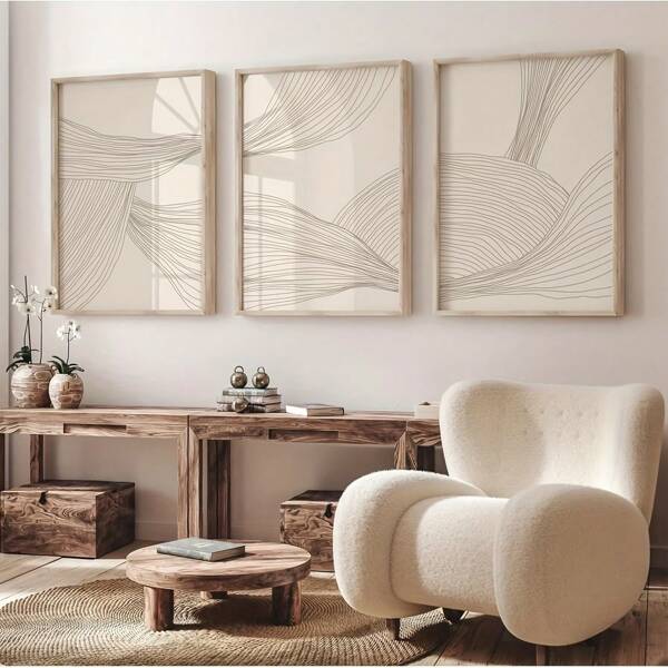 3pcs Neutral Abstract Wall Art Picture Beige Tones Line Prints Canvas Paintings Bohemian Poster Minimalist Modern Decor For Bedroom, Living Room, Or Dorm Wall Decor No Framed