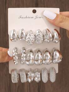 6 件/18 件复古优雅 CCB 环状耳环，创意不对称三角形、水滴形、C 形耳环，个性化日常、派对、约会和节日佩戴珠宝，适合女性，精美的节日礼物 - 銀色 - 查看 8