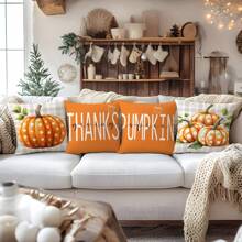 4PC Orange Polka Dot Pumpkin Text Throw Pillow Cover (17.71inx17.71in) Modern Style, Comfortable Pillow Cover, Suitable For Farm, Living Room, Sofa, Bedroom Furniture Decoration, Office Decoration, Best Gift (Pillow Insert Not Included) (Printed On One Side)
