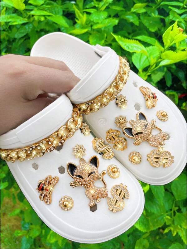 18pcs/Set DIY Garden Shoes Gold Cat & Coin Chain Decor, Removable Shoe Clips Accessories, Suitable For Hollow Sandals, Slippers, All Seasons & Festivals Gift