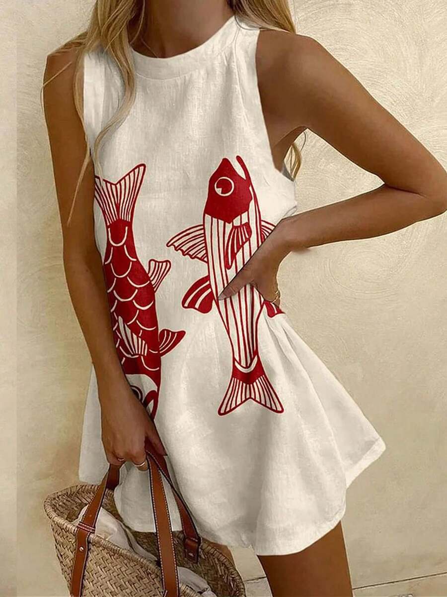 Womens Sleeveless Tank Dress Y2k Graphic Halter Neck Mini Dresses Casual Linen Sundresses Beachwear - 白色 - 查看 1