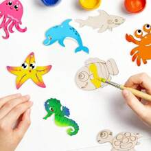 88 Pieces Sea Animals Wooden Craft Kit With Stickers, Drill Stickers And Colored Pencils Colorful DIY Painting And Decorating Kits, Gifts And Seasonal Decorations For Back-To-School Season, Halloween And Christmas Diy Gifts