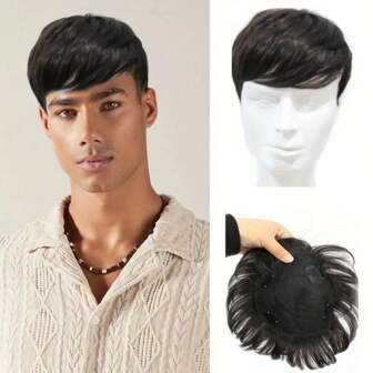 Men's Invisible Topper Wig - Short Straight Synthetic Fiber, Natural Look For Thinning Hair Or Baldness, High-Temperature Resistant, Secure Fit