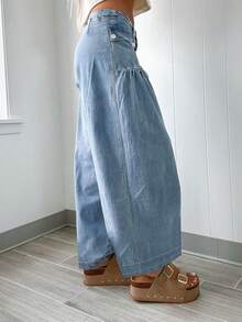 Quần jeans nữ ống đứng dáng rộng, thời trang, cá tính, phong cách đường phố, tiện dụng, có xếp ly và túi trước. - Rửa trung bình - Xem 4