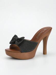 1 Pair Waterproof Thick-Soled High Heel Sandals For Women, Solid Color Sexy Plaid Cloth, Suitable For Wedding, Office, Outdoor Party And Summer