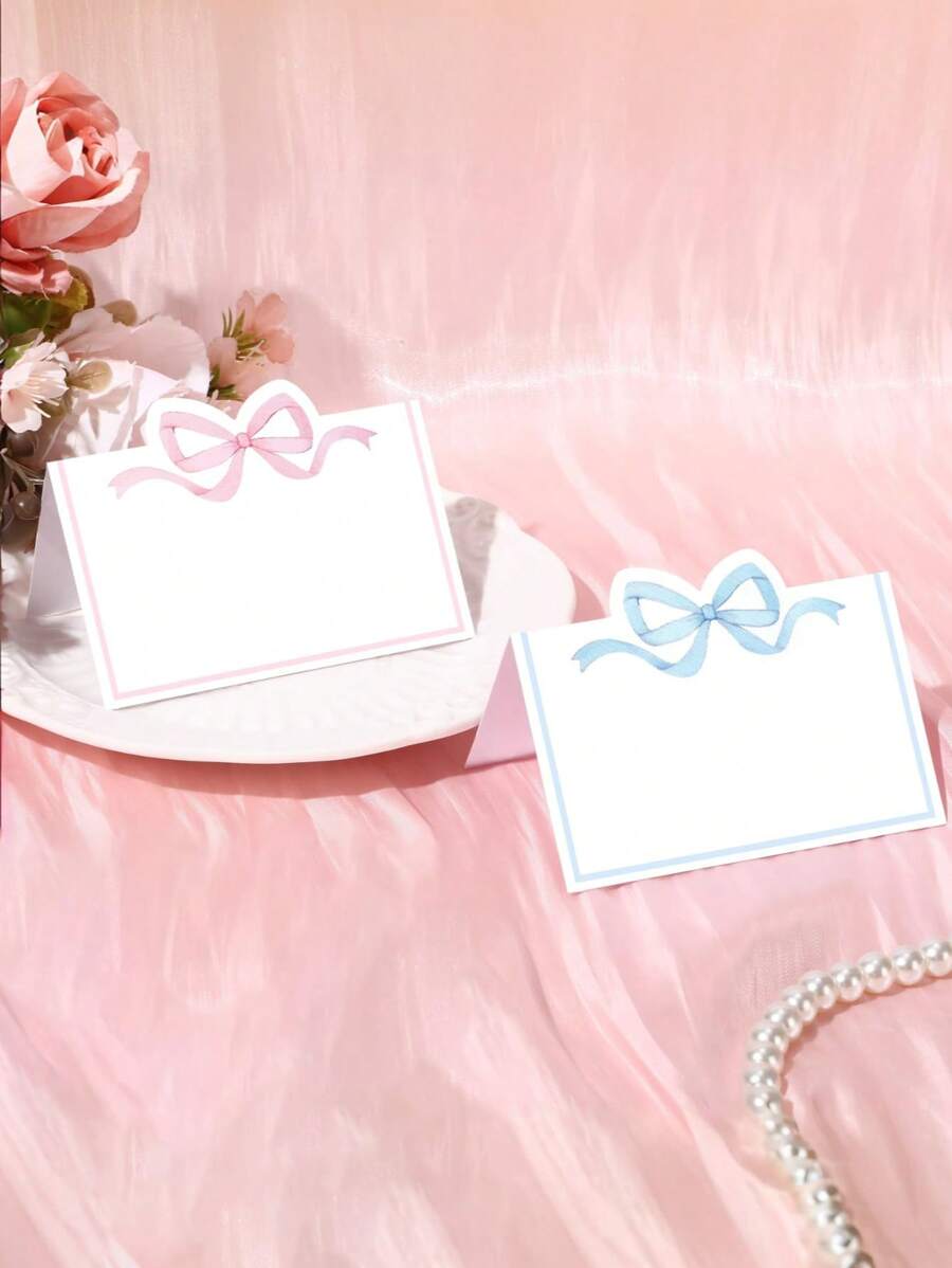 20pcs Pink & Blue Bowknot Place Cards, Elegant Matte White Background, Blank Name Cards Suitable For Weddings, Birthdays, Parties, Events, Table Decor, Guest Seating Indicators, Modern Chic Design For Floral Cards & Greetings