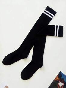 1 Pair Women's Solid Color Simple Fashion Comfortable Personalized Double Stripe Over-The-Knee Socks, Versatile For All Seasons